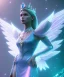 Placeholder: A crystalised queen, atmospheric, realistic, unreal engine, cinematic lighting, octane render. blue, pink, transparency, light, shine,bright, full body, transparent wings, blonde, long hair, nice smile