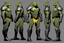 Placeholder: (Star Trek Lore) a Gorn aggressive warrior with his traditional equipment ## Layout & Perspectives Arrange strictly from left to right in the order of “front, side (either left or right), back” horizontally. The character's height, head-to-body ratio, shoulder width, and other skeletal proportions must be perfectly aligned horizontally across all three views, with strictly consistent sizing. ## Character Consistency Across all perspectives, the character's face shape, facial features, hai