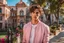 Placeholder: close up headshot portrait of beautiful teenage boy who looks like a girl, brown hair, red eyes, pretty body, pretty legs, perfect face, Wadim Kashin, James Gurney, Ink, splash art, amazing beauty, college courtyard background, has pink accents on clothes