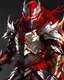 Placeholder: Silver metallic red and gold male fantasy demon armour, with a red cape, with black and red spikes coming out the back and arms, glowing red eyes, long red hair pony tail coming out the helmet and the helmet covering the face entirely
