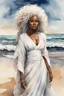 Placeholder: Create an urban culture watercolor painting of a beautiful thick black female wearing a soft white maxi dress and a white hair wrap. Prominent make up with lush lashes. Highly detailed tightly curly afro. Background of her walking in the sand by the ocean.