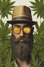 Placeholder: Animacion 3d realista de un hombre joven con mirada misteriosa que es amigo de los dioses. Se dedica a cultivar cannabis y curar al mundo con sus plantas. Su rostro posee una barba en forma de cogollo de color verde dorado,usa gorra y lentes espejados tipo ray ban