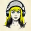 Placeholder: Sketch of a girl with yellow hair like brigitte bardot, with big blue eyes and black hair, a woollen hat. Listening to music. In the 70s