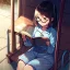 Placeholder: anime girl sitting on a porch swing of an old house, journaling, wearing pajamas, writing in a book, shes watching it rain, more detail on hands and her face,shes deep in her thoughts, wearing glasses, rain drops, she has a pencil in her hand and is writning in the book, she is looking down at what she is writing