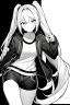 Placeholder: blonde girl with ponytails dressed in a jacket and shorts walks proudly, greyscale