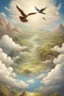 Placeholder: The creation of the world by God. In front of us is a valley with a beautiful landscape, where beautiful animals roam, beautiful birds fly in the sky, beautiful clouds and God in the clouds