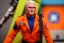 Placeholder: Mike pence G.i. joe toy doll space force uniform inside a blister package hanging on A rack in toystore, fluorescent orange, wide angle shot whole body, black moonboots, Green pricetag, whole body shot