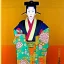 Placeholder: Retrato de cuerpo entero una Samurai vestida con kimono muy guapa y voluptuosa con el estilo de Gustav Klimt