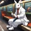 Placeholder: [Street Fighter III: New Generation/Official Art by Daigo Ikeno] the knitted white rabbit wears a long coat and sits in the subway, smoking a cigarette