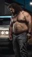 Placeholder: strong burly chubby turkish mechanic 44 years old, curly hair, wet, short white beard, manly chest, hairy, shirtless in bulging dirty white boxer and tank top, big shoulders, tattoo, big calves, barefeet, angry, photorealistic, side light, inside a dark parking lot at night, side neon light, photoRealistic, view from the ground