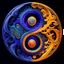 Placeholder: yin-Yang symbol, hyper detailed, photorealistic, hyper detailed, hyper defined, orange, azul, purple, yellow, DMT art