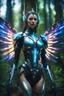 Placeholder: Close up Facing Front night photography Beautiful Queen Angel woman cyborg cybernetic ,futuristic warframe armor, straddle wings in Magical Forest full of lights colors, Photography Art Photoshoot Art Cinematic Soft Blur Colors