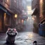 Placeholder: pixar style, volumetric Dirty back alley with steel garbage can environment and background, realistic painting of a cute Munchkin black kitten on the ground, looking excited, detailed digital painting, extreme dense and fine fur, anime, ornate, colour-washed colors, elegant, small minutiae, particulars, centered, smooth, sharp focus, renderman gofur render, 8k, uhd, detailed eyes, realistic shaded volumetric lighting, sunlight caustics, backlight, centered camera view