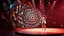 Placeholder: modern stage with a beautiful lady in modern clothing dancing, 3D recursive fractal structure animating background