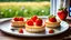 Placeholder: close up three delicates tart cakes filled citrone creme top strawberry, on a nice ceramic plate on a wooden table. professional food photo, Natural, warm sunlight streams in from a window on the left, casting pleasant shadows and creating a cozy, vase with meadow flowers, relaxed morning atmosphere