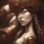 Placeholder: an abstract painting of rusted wood, woman japanese with big breast, big black hair, Viking style, 8K, a Highly detailed stunning full frame portrait, wide-angle view, a realistic face, volumetric lighting, volumetric clouds