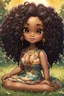 Placeholder: An art nouveau image of a chibi native american cartoon of a curvaceous woman with flowing of tight curly afro of black hair that's highly detailed, wearing a tie dye maxi dress. She sits relaxed on the grass facing the warm sunlight, which illuminates her face as she looks to the side with a small smile, accentuating her prominent makeup and brown eyes. with green and hot pink roses all around