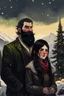 Placeholder: Mountain Christmas scene, dark haired couple, man with black beard art