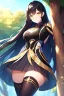 Placeholder: girl, masterpiece, best quality, volumetric lighting, detailed outfit, perfect eyes, black hair, golden eyes, long hair, thigh highs, outdoors, under tree,