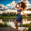 Placeholder: full body shot of very beautiful lady dancing in country side , curly hair ,next to small clean water river,pretty clouds in blue sky