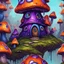 Placeholder: A weird mushroom house with drippy spots and eyeballs on a chunk of floating land. black purple blue orange. Detailed gloss Painting, rich color, fantastical, intricate detail, splash screen, hyperdetailed, insane depth, concept art, 8k resolution, trendi