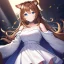 Placeholder: Clear focus, High resolution, Long fluffy brown hair, blue eyes, wearing a white skirt, detailed outfit, wearing a jacket oversized off shoulder, rough line, hair above ears, dog ears, off shoulder white shirt