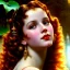 Placeholder: Hyperdetailed oil on canvas, young robyn lively by an ornate fountain, goldfish pond, lotus, detailed face, long muti-hued red curly hair; by gaspar camps, maxfield parrish, alphonse mucha, cyril rolando, dan mumford; luminous colorful sparkles, glitter, airbrush, octane render, volumetric lighting, 16k