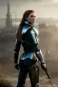 Placeholder: ultrarealistic, concept art, panoramic, ruined city,__intricate fantasy armor__, no star, __angles__, 18 year old woman, strikingly beautiful,ginger hair, _colour_, (pale __skincolor__ skin:1.2), __camera__, long hair, detailed face and eyes, medium breasts, sci-fi theme, freckles, dynamic pose, resolved expression, __accessory__, strappy outfit, (straps:1.1), sword in scabbard on left hip, (buckles, buttons, snaps, rings:1.0), haltertop style breastplate, detailed eyes, plump lips