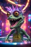 Placeholder: portrait of ultimate transcendent happy disco helmet wested pimp kobold croc alien frown with spotlights and huge dripping forked tounge sticking head out of a bathtub portal, in front of space portal dimensional glittering device, bokeh like f/0.8, tilt-shift lens 8k, high detail, smooth render, down-light, unreal engine, prize winning