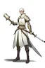 Placeholder: full length, tall 22-year old, shaved head, grey-eyed female cleric wearing scale mail with a sickle