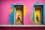 Placeholder: there are two birds sitting on a ledge next to a window, colorful mural on chipped walls, by Saurabh Jethani, photomanipulation, pink and yellow, by Liza Donnelly, diptych, eye catching composition, open window, open door, double exposure, double entendre, dramatic, dynamic, whizz dynamics, liminal vibe, amazing reflections, great contrasts, excellent verticals, perfect parallels, orange tint, socinlars vibe