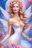 Placeholder: Magnifique woman, lady fairy, facing happy, voluptuous white, pink enchanted flowers, wings magic, long big dress, pink outerspace stars planets, Beautyful smiling, young woman, long hair amazing blue eyes, flowers, happy cosmic, bright colors, blue, pink, gold, jewels, realistic, photo real, clear sunny background, highly detailed, high contrast, 8k high definition, unreal engine 5, extremely sharp detail, light effect, sunny light background