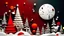 Placeholder: papercut craft of Christmas night, snowman in fluid red and silver, golden red ornaments and pale gift boxes, full moon, Christmas tree,