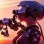 Placeholder: great illustrator, spanish, realistic rendering of a cute spanish girl kissing a cybergirl with helmet, beautiful, steampunk style. Helmet with tubes. Machinery in the background. robotic bird flying. High details. 4k. unreal engine, sunset