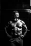 Placeholder: half figure shot photography of a turkish bearded chubby shirtless barechested 44 years old professor in thick glasses, big shoulders, manly chest, standing by completely writed blackboard , front view from the ground, photorealistic, ambient occlusion, side light