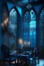 Placeholder: Antique themed dining room, antique table, forsted glass windows, stained glass doors, modern and antique mix, expensive vibes, dim lighting, modern furniture, expensive table, candles, blue