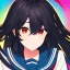 Placeholder: Clear focus, High resolution, long black fluffy hair, red eyes, chopped bangs, wearing a sailor uniform, wearing a sailor skirt, colorful, hollywood, female, no outlines, extreme close up, rough line sketch