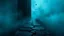 Placeholder: passage over nothingness, surreal, dark and cold abstract artwork dominated by deep blue, icy cyan, charcoal black and muted steel-grey tones. An narrow passageway emerges from an abstract distorted weird landscape, surrounded by thick fog and drifting mist. The space feels nightmare, alien and unsettling, with tiny floating circles and lines geometric forms, black onix column fragmented and unnatural perspectives. At the center of the composition cracked stone way over abyss