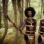 Placeholder: Female twins. Black skin, tall and slender, long afro kinky hair,almond shaped dark brown eyes, warrior wear holding spears. Gold accents on clothing surrounded by trees. Not afraid. Face not distorted