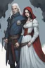 Placeholder: A couple, from the dnd game curse of Strahd. The woman has long white hair and blue eyes, the man has LONG BLACK hair and red eyes, no facial hair.