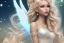 Placeholder: smiling, beautiful, soft,smiling, straight and long blonde hair, dewy and shiny atmosphere, diamond crown, long fairy wings in the back, full head, curly hair, golden veil clothes, bacground pink and blue