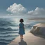 Placeholder: A young girl appears with her back standing in front of the sea in a drawn painting. The girl watches the sky and the sea approaches her with its calm waves. The girl in the blue dress and short hair looks at the sky where there is a cloud from which the name Reem emerges in a three-dimensional form.