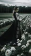 Placeholder: black lace scarf and dirty wedding dress in a field of white roses.cinematic picture