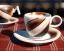 Placeholder: Cappuccino art microfoam in mug saucer Crawford plaid napkin Demitasse