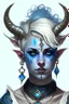 Placeholder: A young tiefling woman with a set of ram horns on her head encrusted with jewels, White-Blonde, short hair, black eyes, dressed in white and blue with lots of jewelry, beautiful, tattoos on her neck