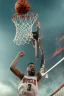 Placeholder: 8k, highly realistic and detailed image of a NBA basketball player in action dunking the ball in the net, sweaty hair, screaming look,action and smoke and flames background