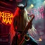 Placeholder: a very thin swedish viking man, evil with very long blonde hair (2 meter), (fat glowing eyes), he is called "KEBAB MAN" performing at death metal club, his name is "KEBAB MAN" kebab rolls On stage, kebab Neon lights and smog, and "KEBAB MAN" big sign on the wall, kebab tribal tattooes, spinning kebab machines, flames and smoke, chaos, he using gasolin and pour it on the saxophone on the stage
