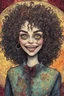 Placeholder: a cartoon illustration of a schizophrenic curly haired vampire girl , in the cartoon style of Lynda Barry , Ernie Pook's Comeek, vibrant natural colors, , museum quality masterpiece