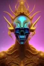 Placeholder: purple African alien, cracks in the head, evil, Asian eyes, crown, blood, 8k, finely detailed, photo realistic, Boris Vallejo style turquoise skull head gold dragon space alien rain skeleton silver helmet golden space suit space ships