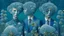 Placeholder: Surrealistic couple made out of blue coral that are wearing blue gray green iridescent tweed suits with paisley shirts and ties and have flowering plants on top of their heads